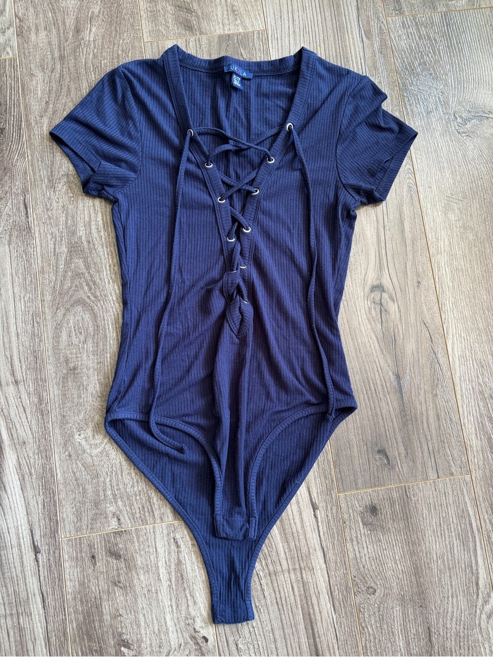 3/$15 Navy Blue Ribbed Tshirt Bodysuit with Lace up Tie and button clasp
